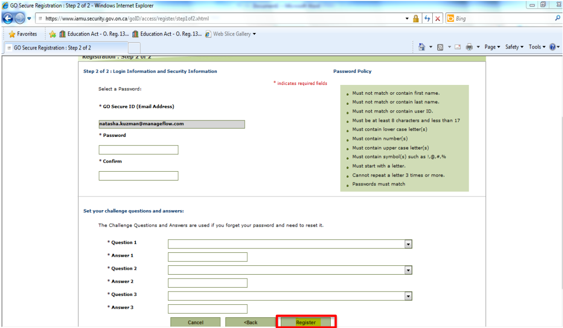 GO Secure Registration Step 2 Screen; dealing with password and security questions